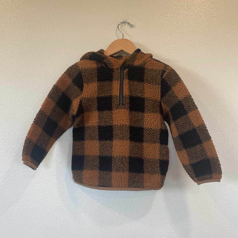 Old Navy‎ Fleece Brown Plaid 1/4 Zip Hooded Pullover Boy Size 5 Pockets